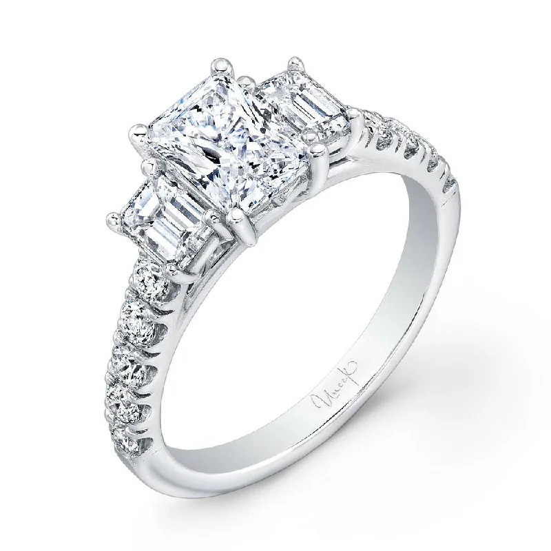 Ladies engagement rings vintage charm-Uneek Emerald-Cut Diamond Three-Stone Engagement Ring with Pave Upper Shank