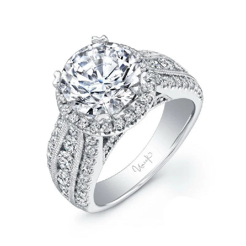 Ladies engagement rings premium choices-Uneek 1-Carat Round-Diamond Wide-Band Halo Engagement Ring with Three-Row Channel- and Pave-Set Melees