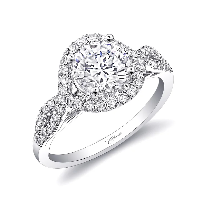 Ladies engagement rings affordable finds-14K White Gold Twisted Shank and Diamond Halo Semi Mount Engagement Ring