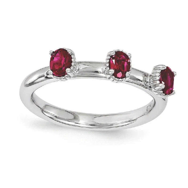 Ladies rings Asian-inspired-Sterling Silver Stackable Created Ruby Oval Three Stone Ring