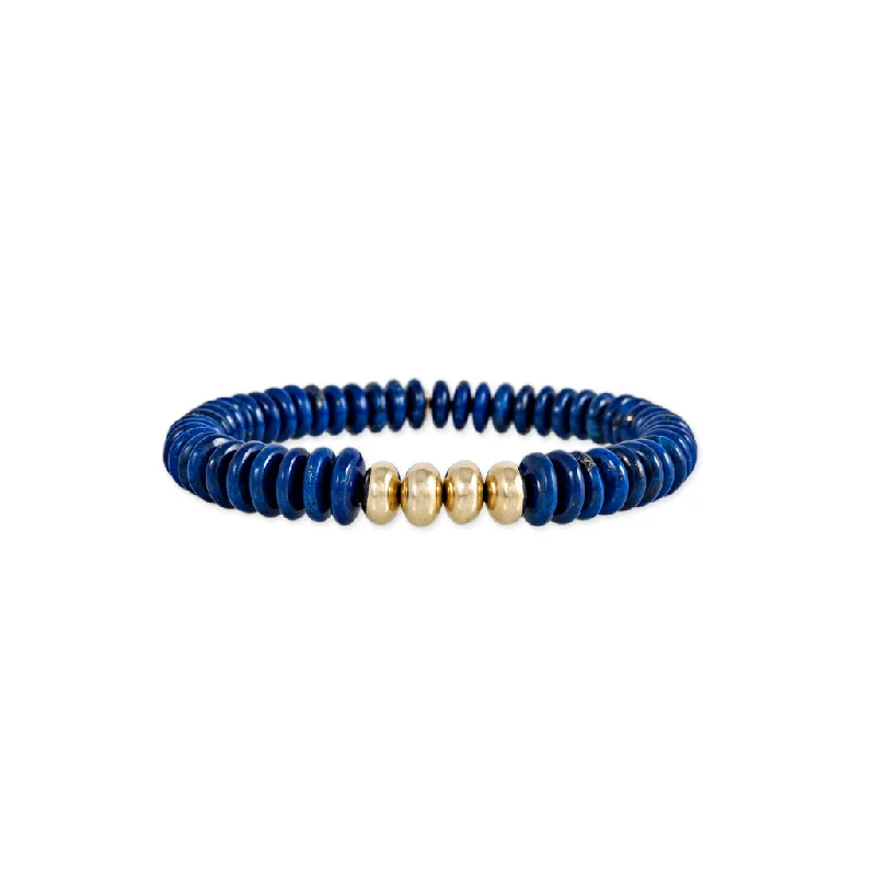 Ladies bracelets retro charm-4 GOLD BEADS + LAPIS BEADED STRETCH BRACELET