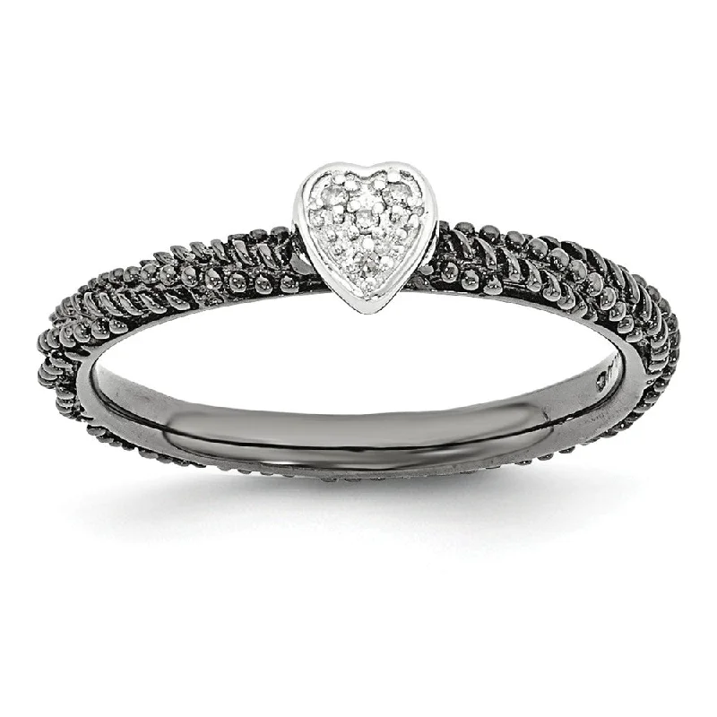 Ladies rings social media trends-Black Plated Sterling Silver .02 Ctw Diamond 5mm Heart Stackable  Ring