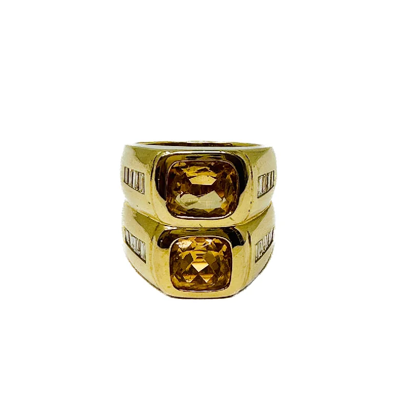 Ladies rings price options-18K Gold Twin Ring with 2 Cushion Shaped Citrine and 16 Baguette Diamomds