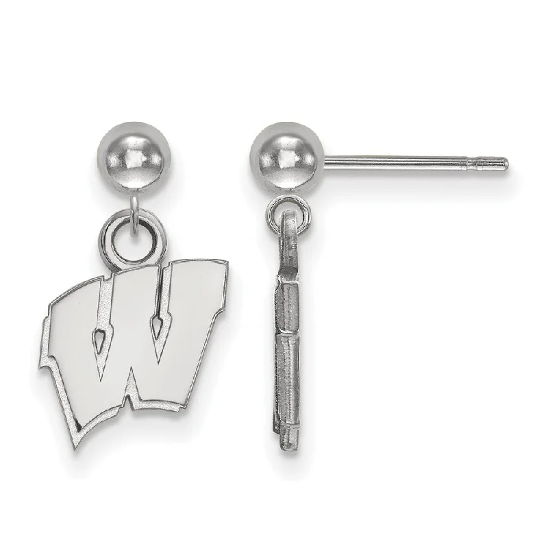 Ladies earrings perfect gifts-14k White Gold University of Wisconsin Ball Dangle Earrings