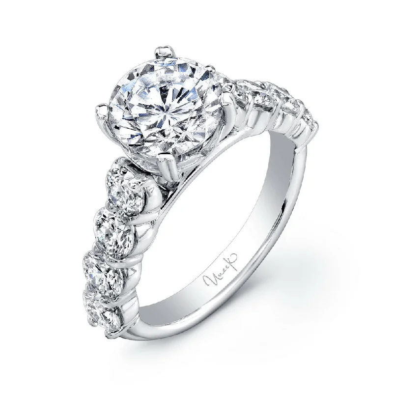 Ladies engagement rings viral styles-Uneek Round Diamond Engagement Ring with Extra-Large Melee Diamonds Shared-Prong Set on Upper Shank