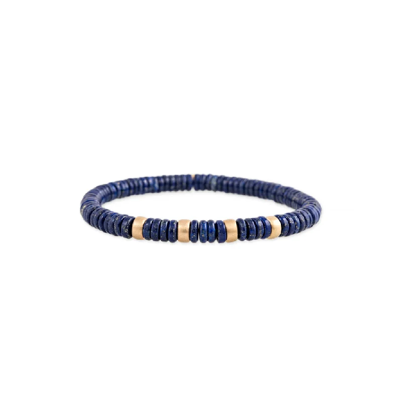 Ladies bracelets edgy styles-4 SPACED OUT GOLD BEADS + LAPIS BEADED STRETCH BRACELET