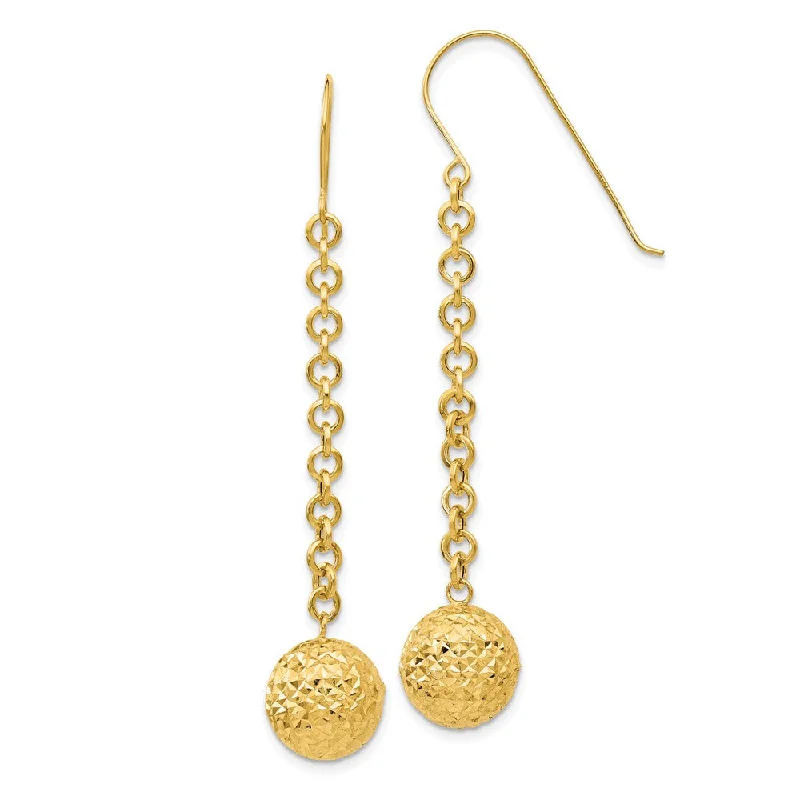 Ladies earrings standout pieces-10mm Diamond Cut Bead and Chain Dangle Earrings in 14k Yellow Gold