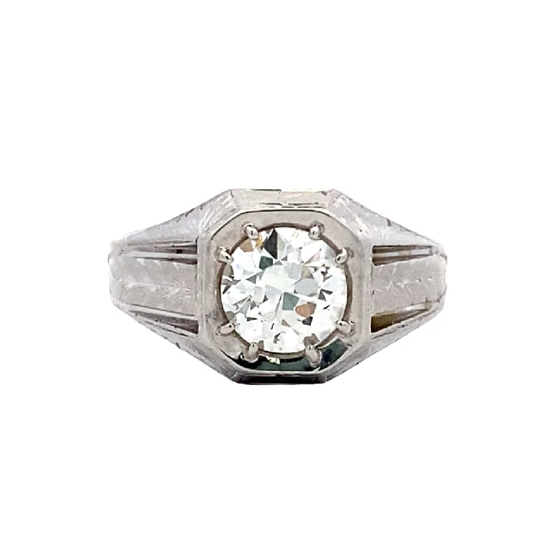 Ladies rings silver finishes-Estate 1 1/2 Carat Old European Diamond Gents Ring in White Gold