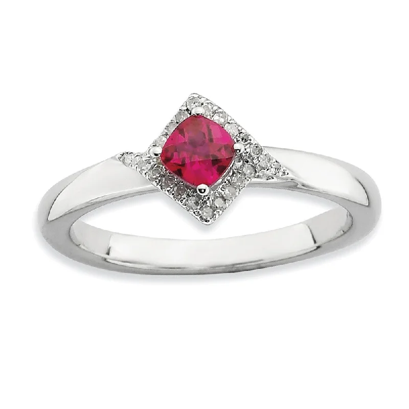 Ladies rings creative designs-Stackable Created Ruby and 1/10 Ctw HI/I3 Diamond Sterling Silver Ring