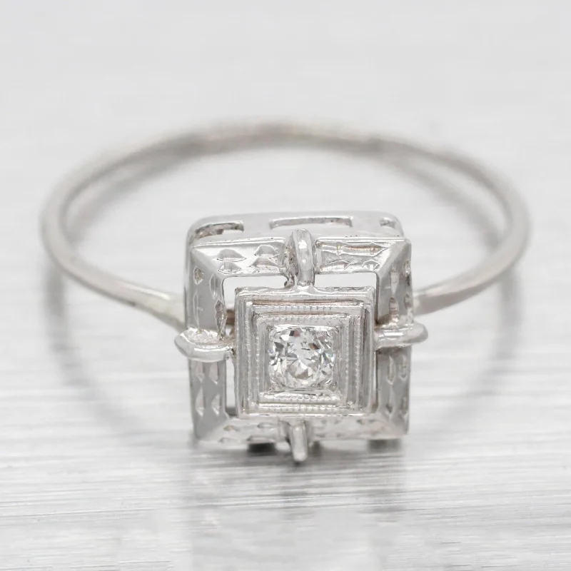 Ladies engagement rings dainty looks-Antique Art Deco 0.05ct Round Diamond Square Engagement Ring - 14k White Gold