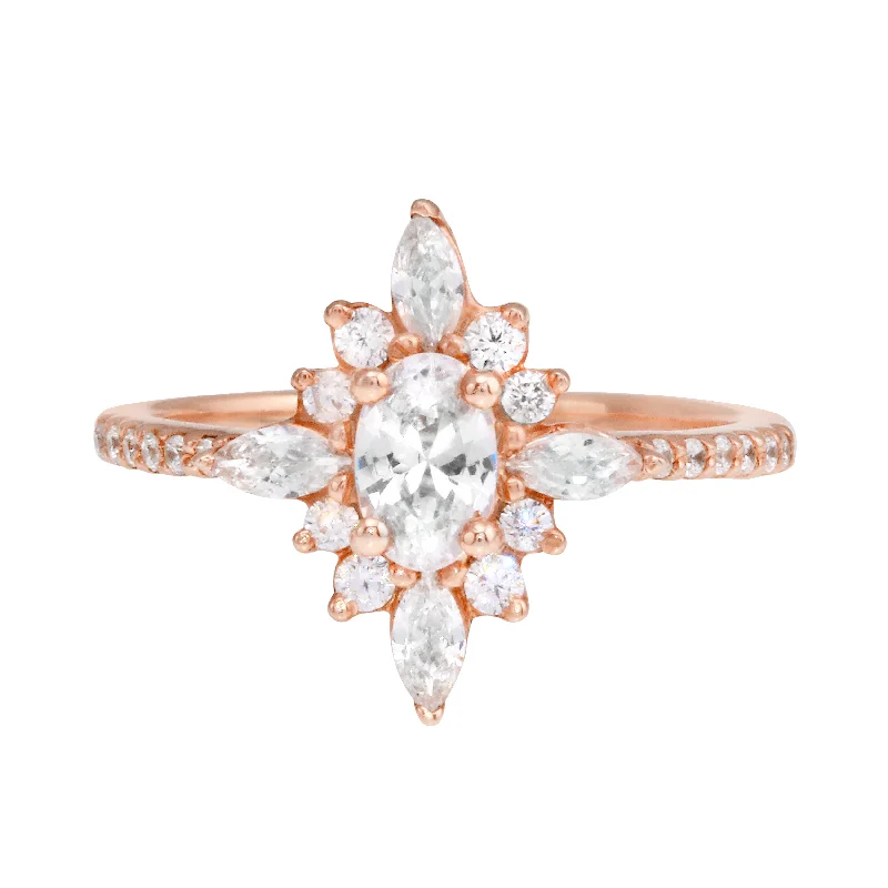 Ladies engagement rings geometric cuts-Oval Diamond and Starburst Flower Halo Engagement Ring