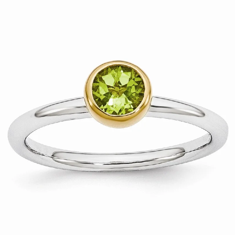 Ladies rings latest styles-Two Tone Sterling Silver Stackable 5mm Round Peridot Ring