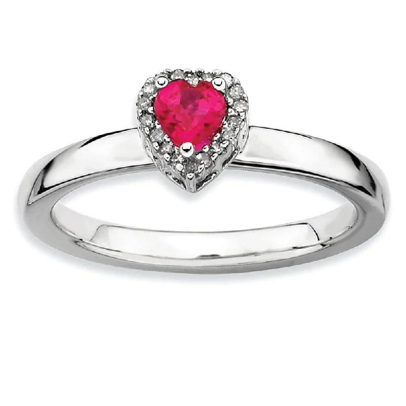 Ladies rings stacking options-Sterling Silver Created Ruby & 1/20 Ctw Diamond Stackable Heart Ring