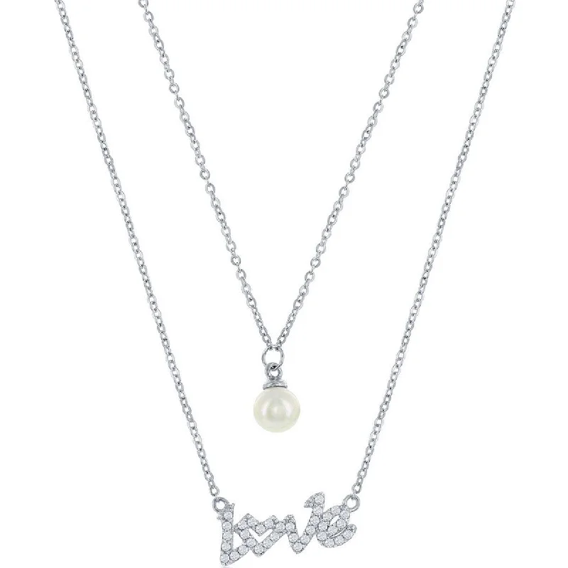 Ladies necklaces mom’s day-Classic Women's Necklace - Sterling Silver CZ LOVE and Round FWP Layered | M-6875