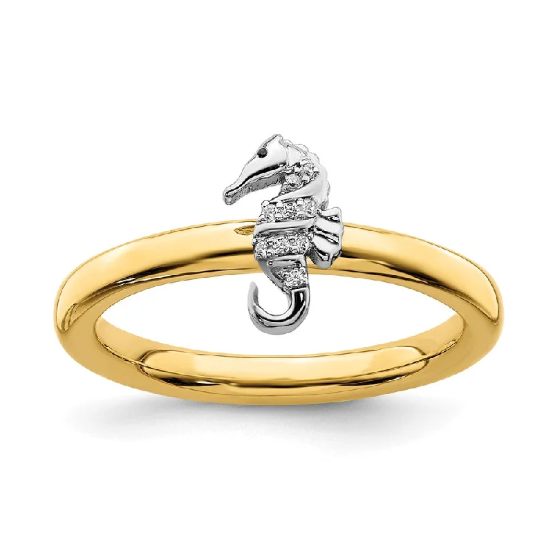 Ladies rings wedding accessories-14k Yellow Gold Plated, Sterling Silver & Diamond Stack Seahorse Ring