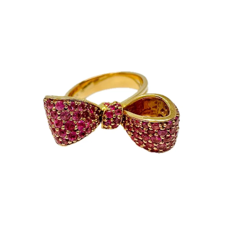 Ladies rings ethnic patterns-Mimi So 18K Rose Gold Bow Ring with Pink Sapphires