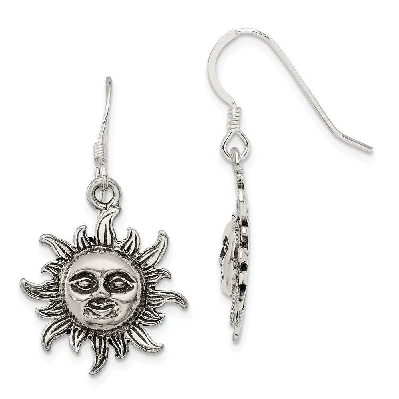 Ladies earrings dangling looks-17mm Antiqued Sun Dangle Earrings in Sterling Silver