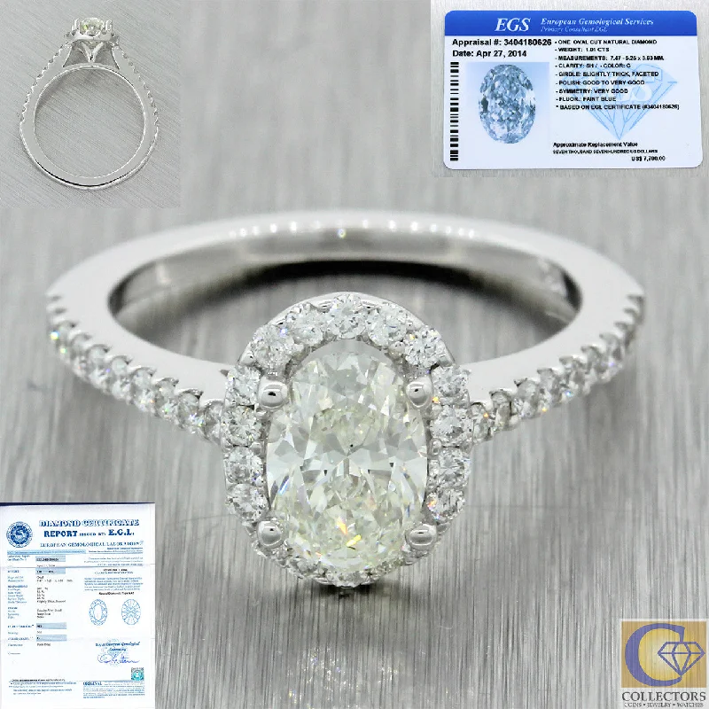 Ladies engagement rings rose-cut gems-14k Solid White Gold 1.41ctw Oval Diamond Halo Engagement Ring EGL International