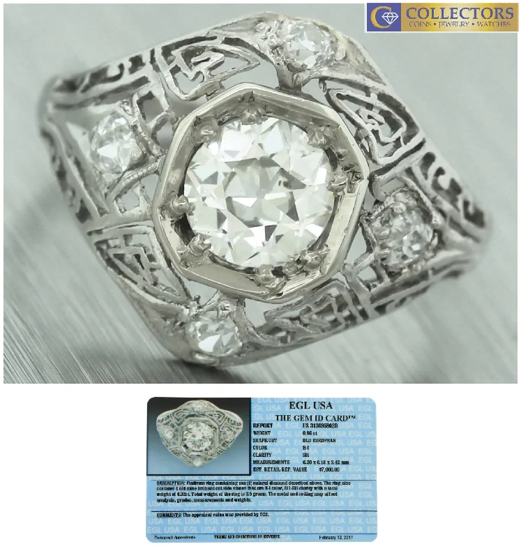 Ladies engagement rings European flair-Ladies Antique Art Deco Platinum Filigree 1.18ctw Diamond Engagement Ring EGL