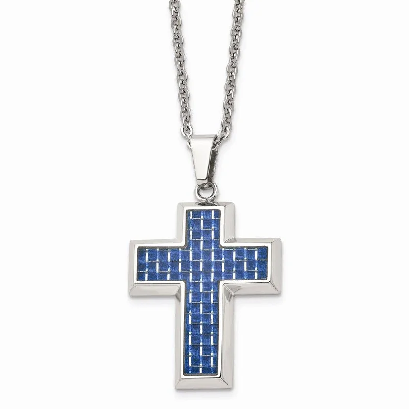 Ladies necklaces enduring classics-Stainless Steel Polished with Blue Carbon Fiber Inlay Cross 22in Necklace