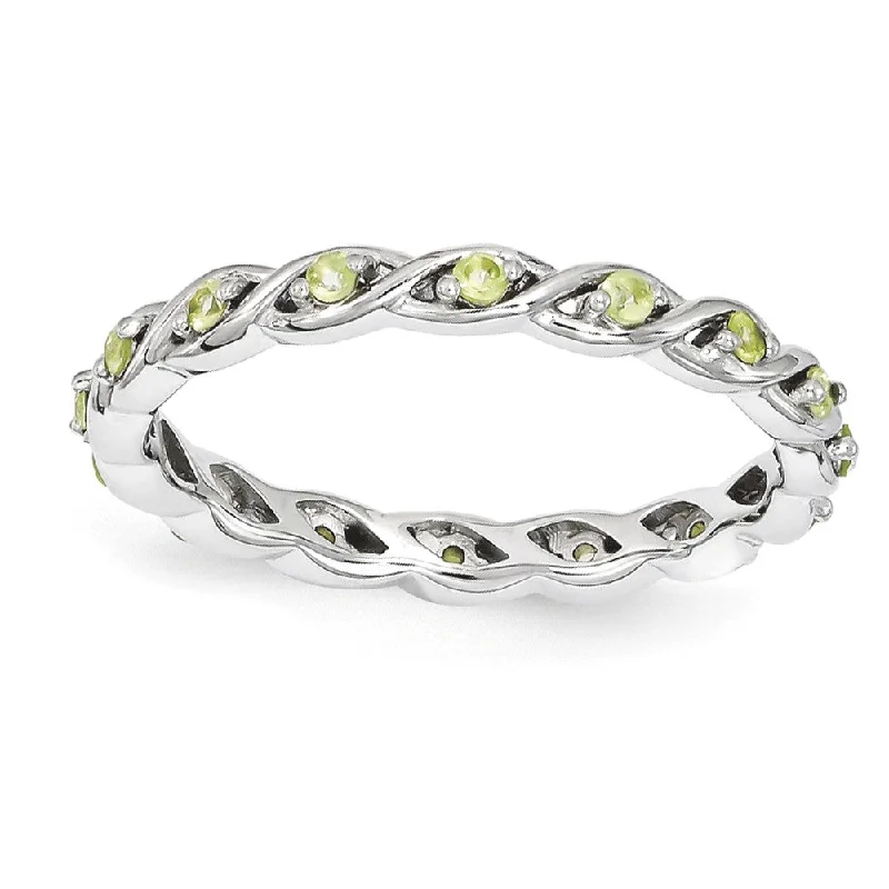 Ladies rings affordable picks-2.5mm Rhodium Plated Sterling Silver Stackable Peridot Twist Band