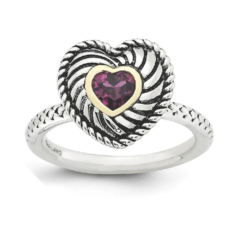 Ladies rings birthday presents-Antiqued Sterling Silver Stackable Rhodolite Garnet Heart Ring