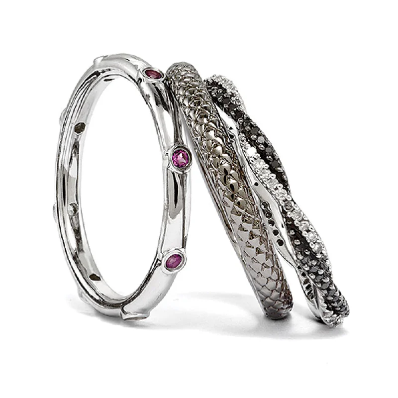 Ladies rings office looks-Two Tone Sterling Silver, Rhod. Garnet & Diamond Stackable Ring Set