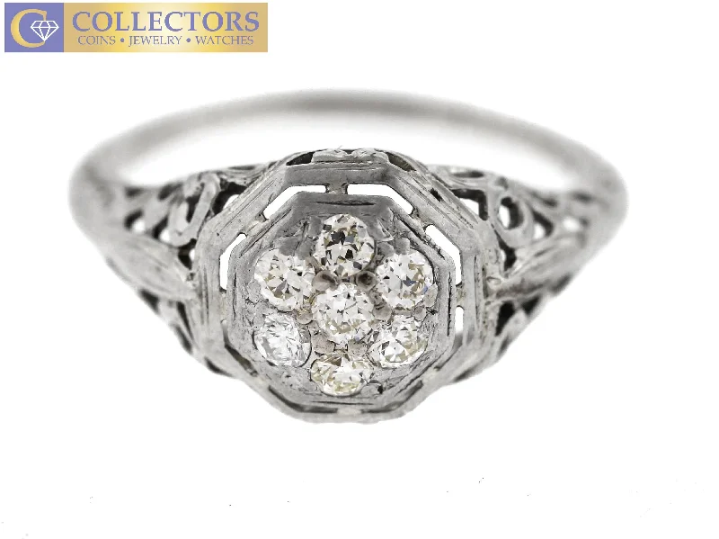 Ladies engagement rings love day-Ladies Antique Art Deco Estate 14K White Gold 0.21ctw Diamond Engagement Ring