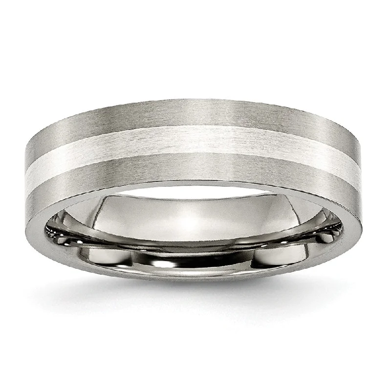 Ladies rings limited editions-Titanium & Sterling Silver Inlay, 6mm Satin Flat Comfort Fit Band