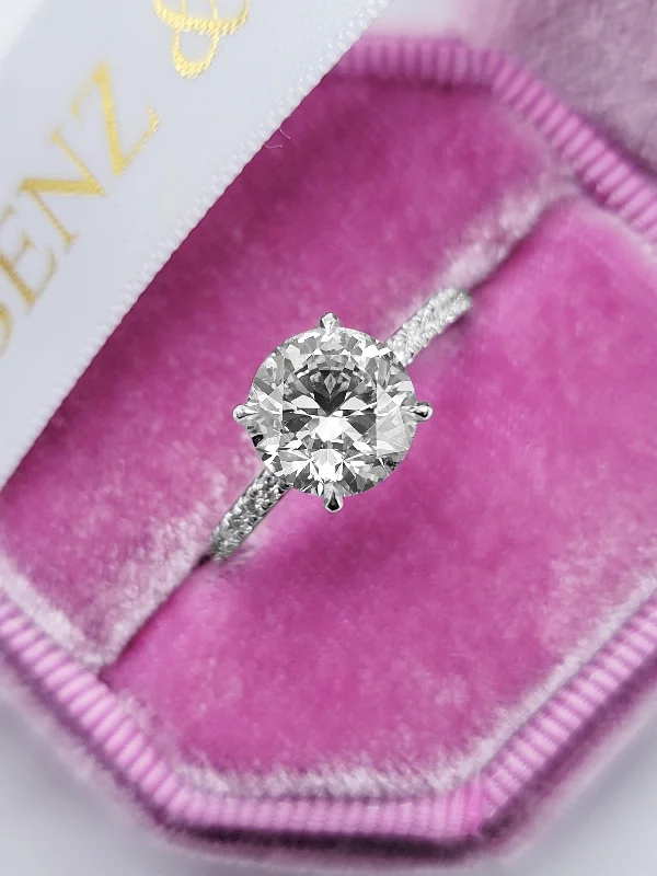 Ladies engagement rings stylish trends-2.50 Carats Lab Grown Round Brilliant Cut Micropave Side Stones Hidden Halo Accented Prongs Diamond Engagement Ring