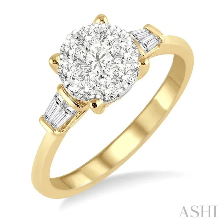 Ladies engagement rings online shops-3/4 Ctw Round and Baguette Diamond Lovebright Engagement Ring in 14K Yellow and White gold