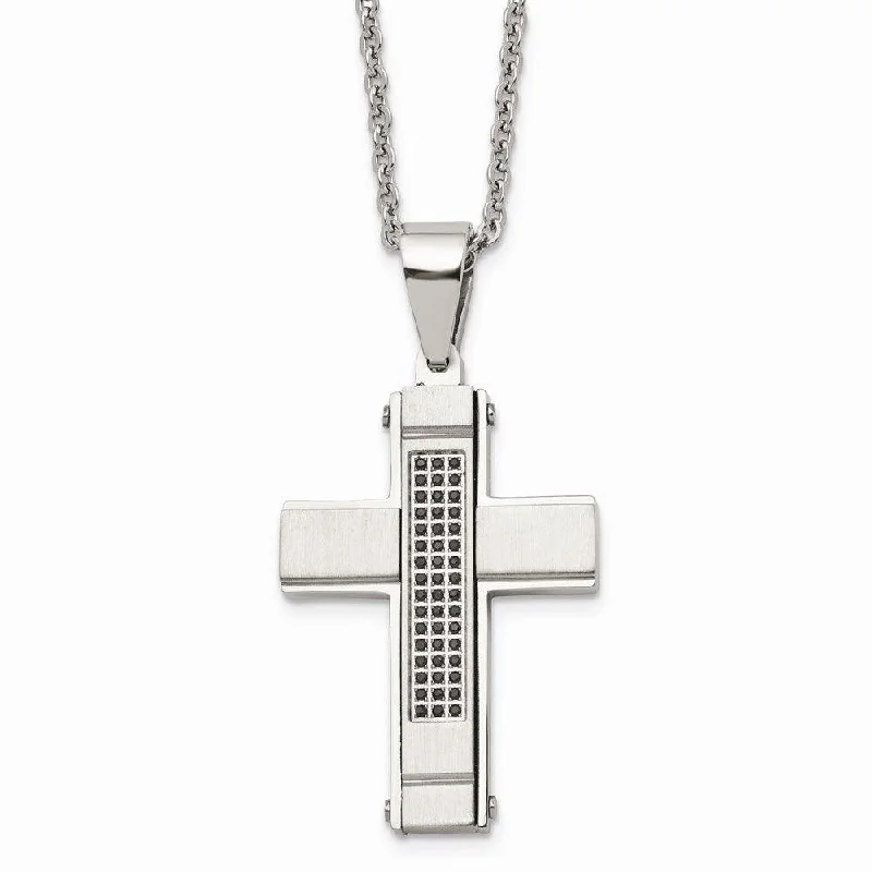 Ladies necklaces fine chains-Stainless Steel Brushed and Polished w/ Black CZ Cross Necklace