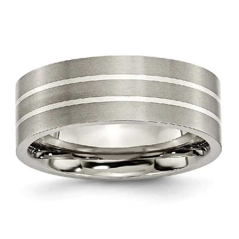 Ladies rings sister sets-Titanium & Sterling Silver Inlay, 8mm Flat Brushed Comfort Fit Band