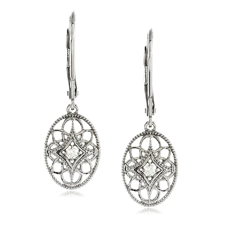 Ladies earrings partner gifts-Vintage Style Diamond Oval Earrings in Sterling Silver