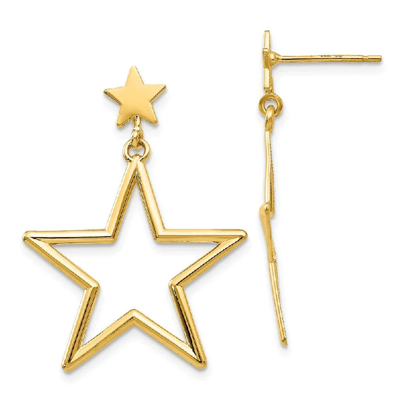 Ladies earrings sibling sets-23mm Open Star Dangle Post Earrings in 14k Yellow Gold