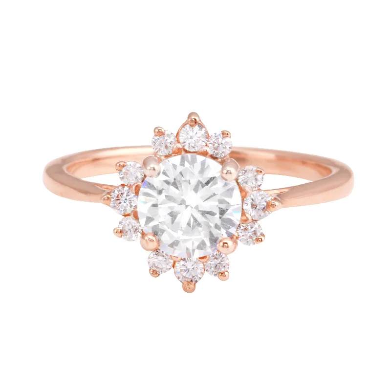 Ladies engagement rings warranty options-Round Diamond Sunburst Engagement Ring