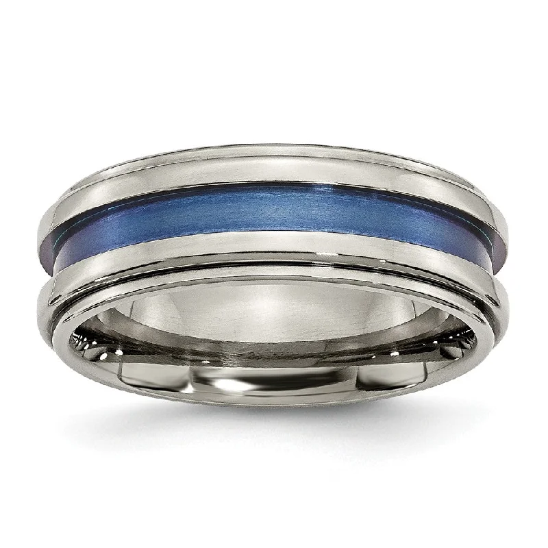 Ladies rings white gold-8mm Titanium Blue Groove Ridged Edge Polished Band