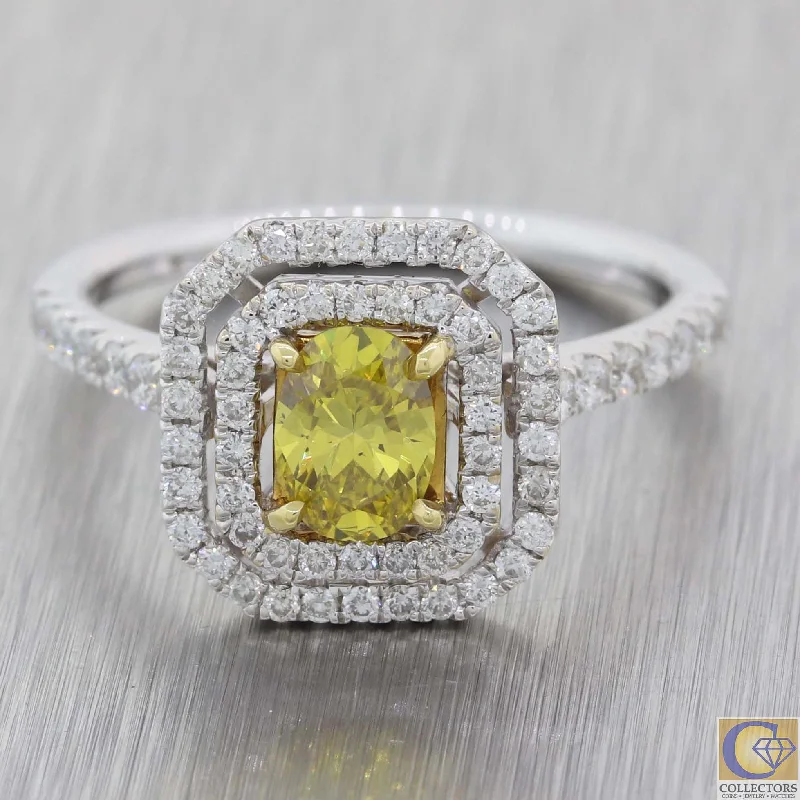 Ladies engagement rings store finds-Modern 18k White Gold 1.12ctw Fancy Yellow Diamond Halo Engagement Ring A8