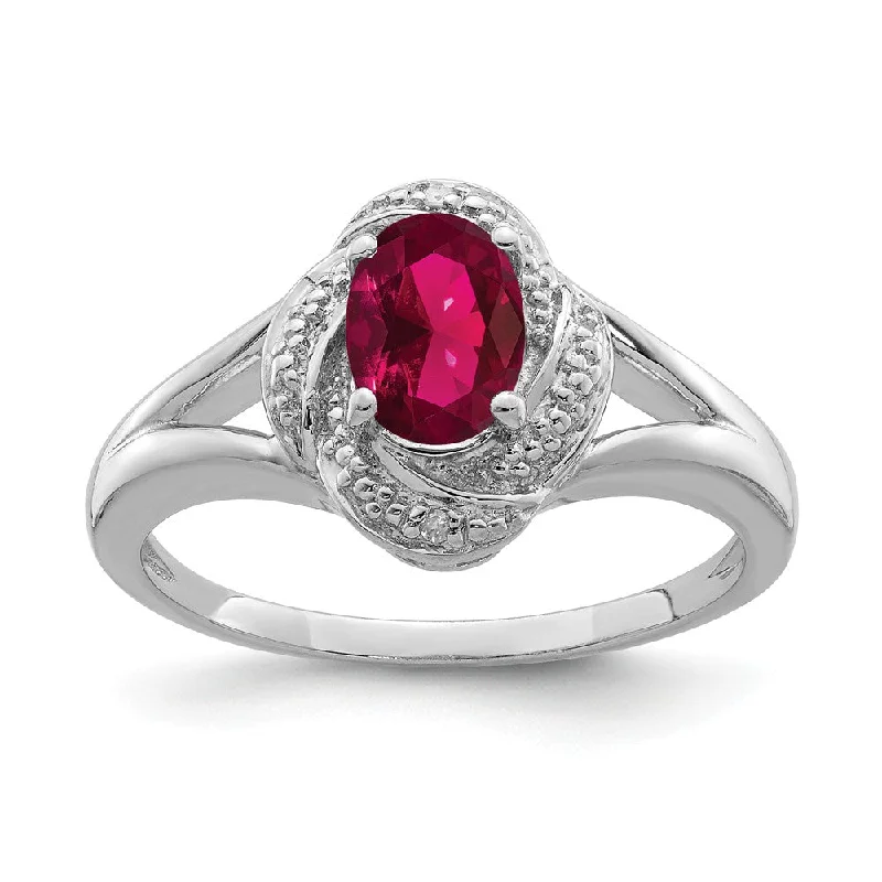 Ladies rings bohemian charm-Sterling Silver .01 Ctw (H-I, I2-I3) Diamond & Oval Created Ruby Ring