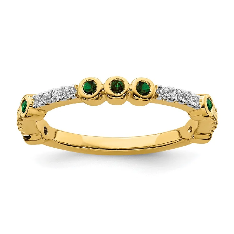 Ladies rings ruby gems-2mm 14k Yellow Gold Created Emerald & .08 Ctw Diamond Stackable Band