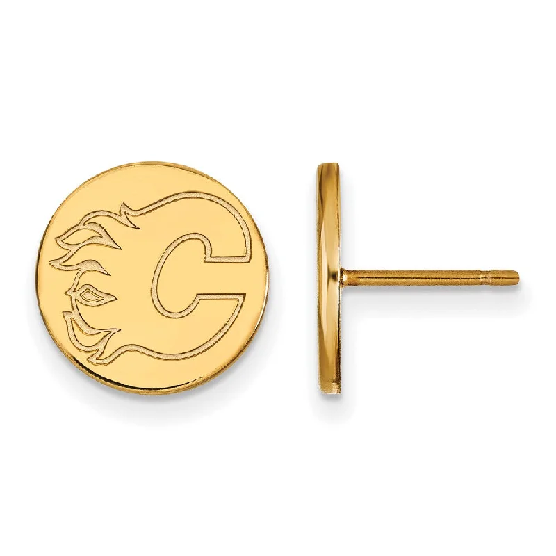 Ladies earrings name engravings-SS 14k Yellow Gold Plated NHL Calgary Flames Small Post Earrings