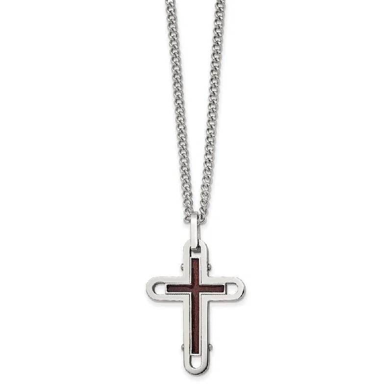 Ladies necklaces steel options-Stainless Steel Polished Wood with Enamel Overlay Cross Necklace