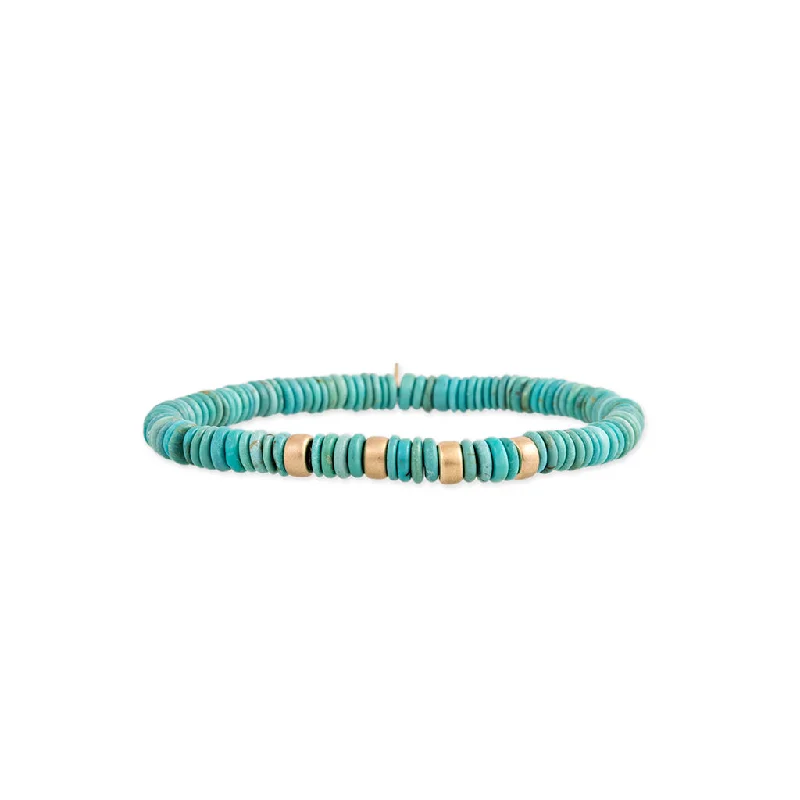 Ladies bracelets online trends-4 SPACED OUT GOLD BEADS + TURQUOISE BEADED STRETCH BRACELET