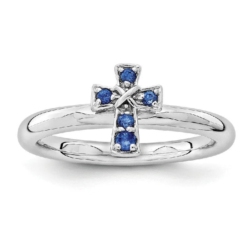 Ladies rings gift ideas-Rhodium Sterling Silver Stackable Created Sapphire 9mm Cross Ring