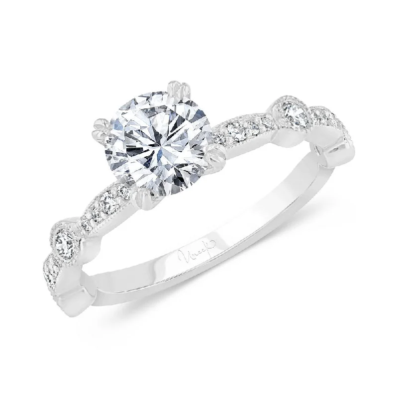 Ladies engagement rings white gold-Uneek Us Collection Round Diamond Engagement Ring with Milgrain-Trimmed Pave Bars and Bezel Station Accents