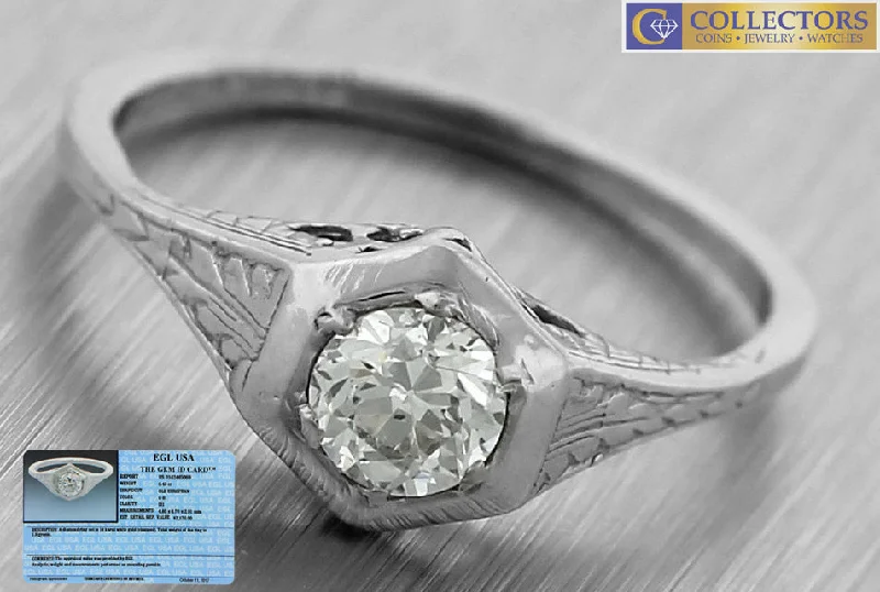 Ladies engagement rings best brands-Antique Art Deco Estate 14K White Gold 0.43ct Diamond Engagement Ring EGL USA