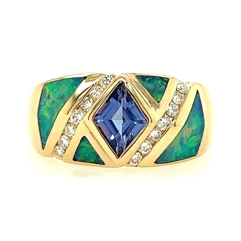 Ladies rings group designs-Estate Geometric Style Tanzinite, Opal & Diamond Ring by Kabana in Yellow Gold