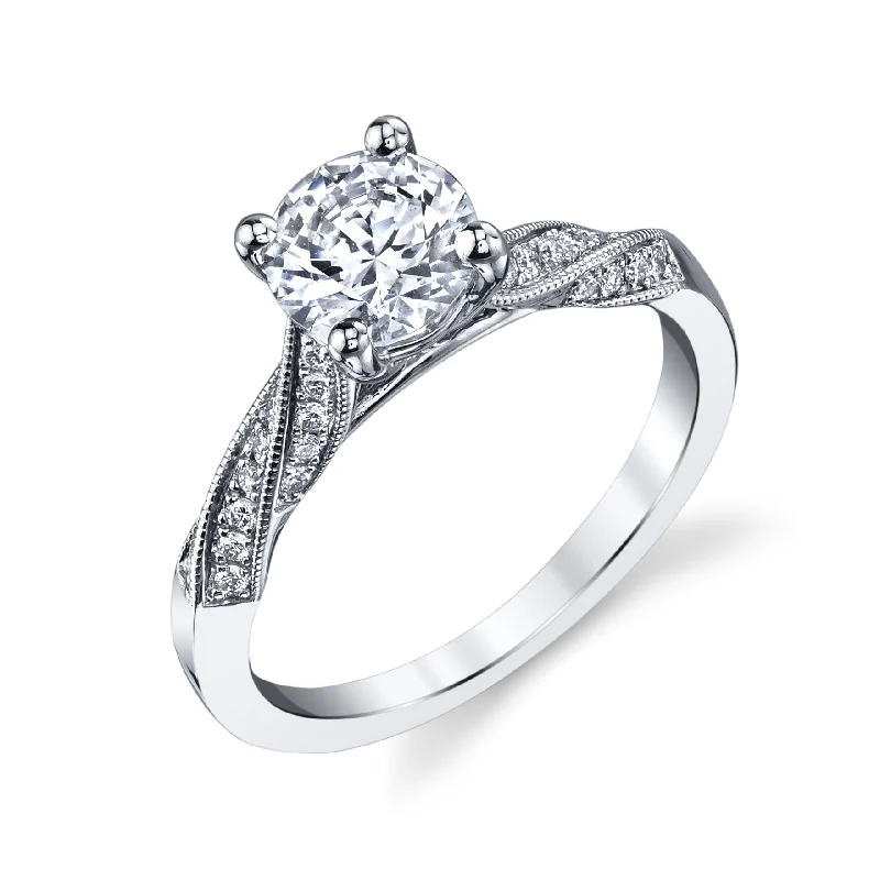 Ladies engagement rings large stones-14K White Gold Diamond Pave and Milgrain Twisted Shank Semi Mount Engagement Ring