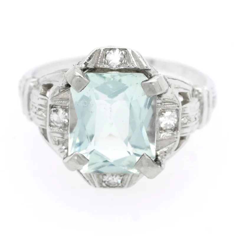 Ladies engagement rings bespoke options-Antique Art Deco 3.00ct Aquamarine & Diamond Engagement Ring in 14k White Gold