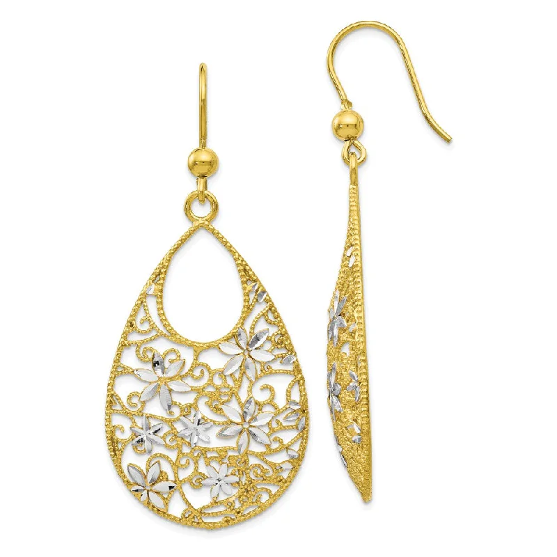 Ladies earrings pure silver-Floral Teardrop Dangle 18k Gold Plated & Sterling Silver Earrings